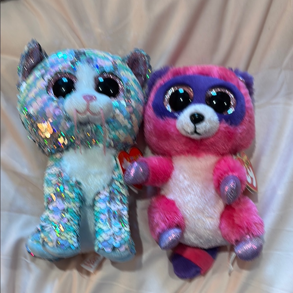Ty Sequin Cat and Pink-Purple Raccoon Plush Set